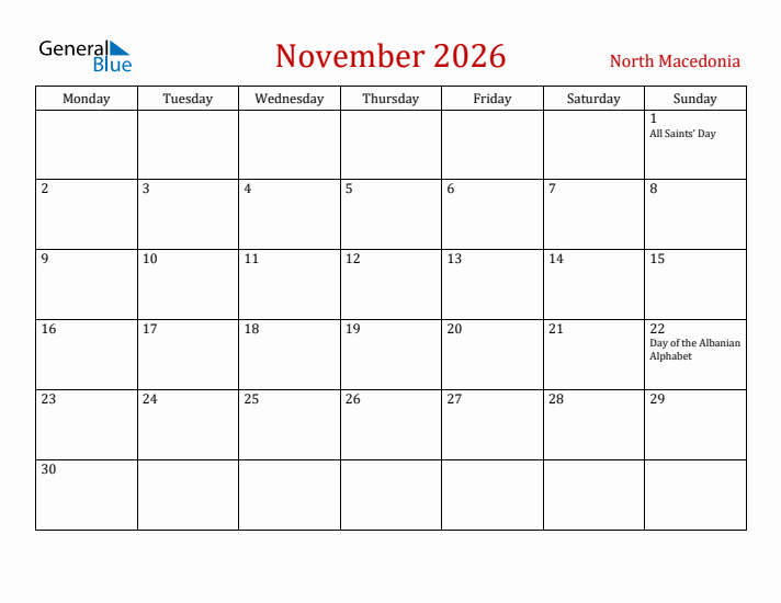 North Macedonia November 2026 Calendar - Monday Start