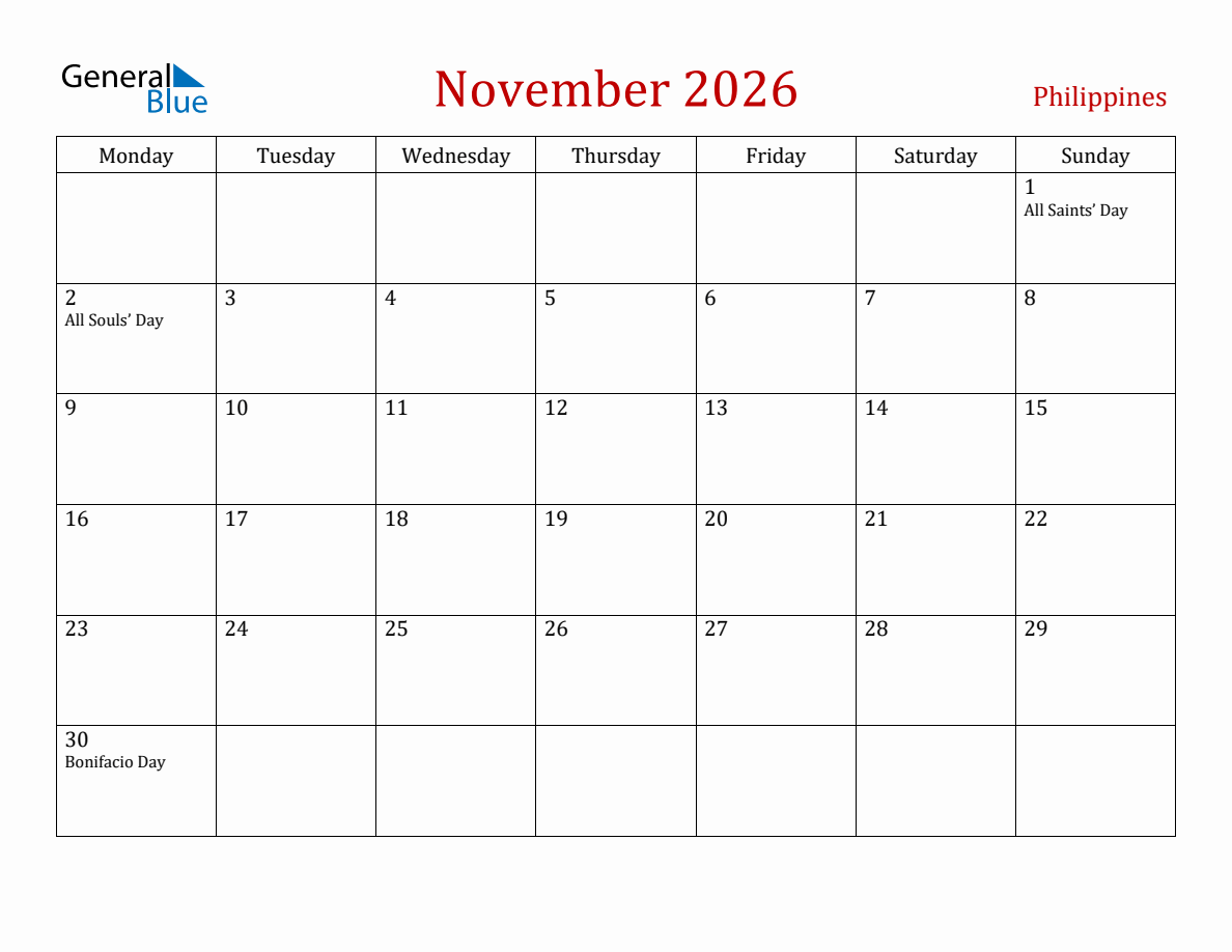November 2026 Philippines Monthly Calendar with Holidays