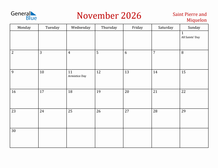Saint Pierre and Miquelon November 2026 Calendar - Monday Start