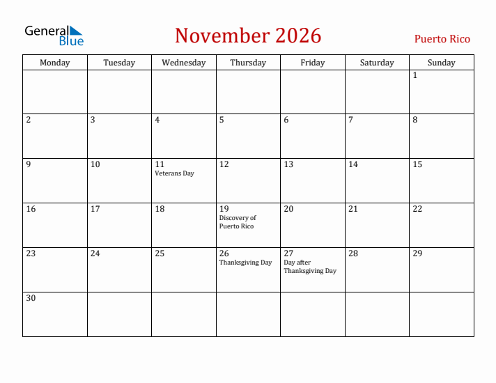 Puerto Rico November 2026 Calendar - Monday Start