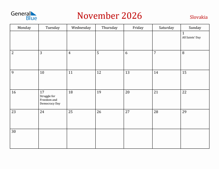 Slovakia November 2026 Calendar - Monday Start