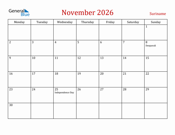 Suriname November 2026 Calendar - Monday Start