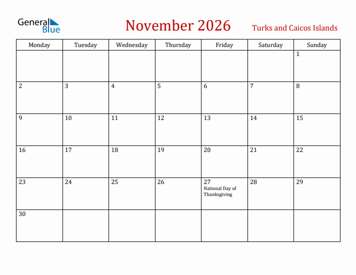 Turks and Caicos Islands November 2026 Calendar - Monday Start