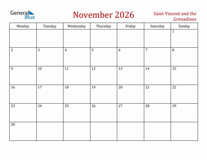 Saint Vincent and the Grenadines November 2026 Calendar - Monday Start