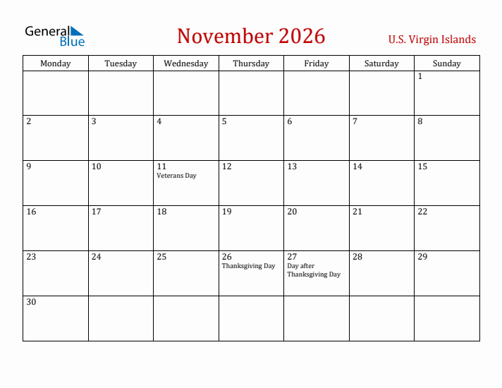 U.S. Virgin Islands November 2026 Calendar - Monday Start