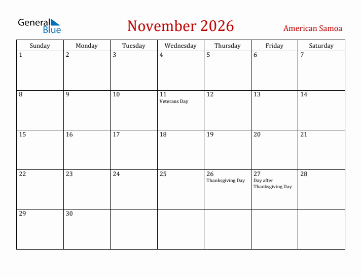American Samoa November 2026 Calendar - Sunday Start