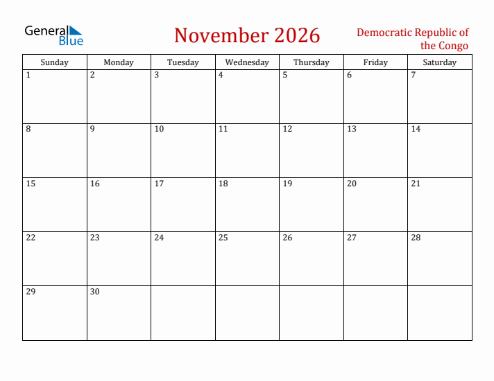 Democratic Republic of the Congo November 2026 Calendar - Sunday Start