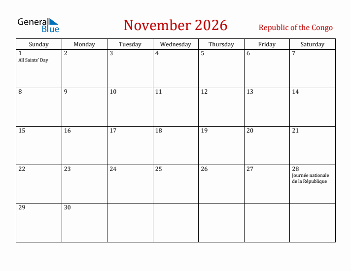 Republic of the Congo November 2026 Calendar - Sunday Start