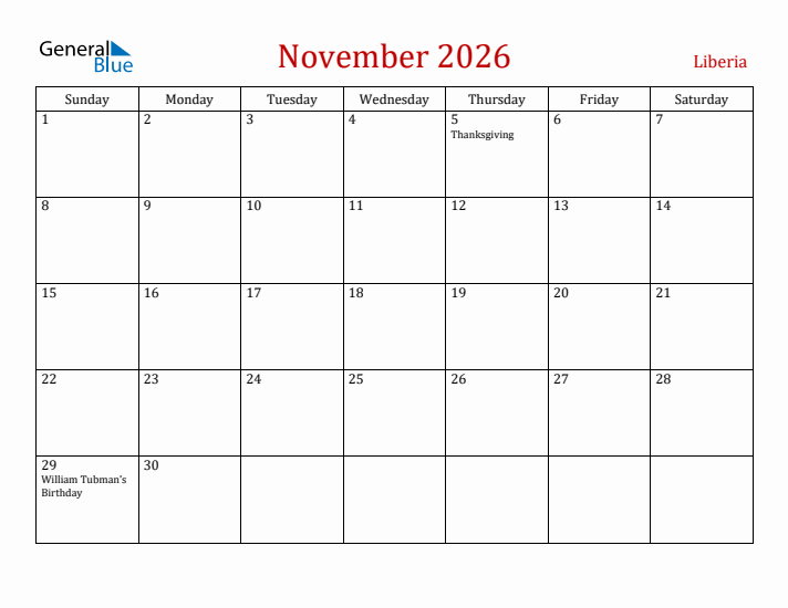 Liberia November 2026 Calendar - Sunday Start