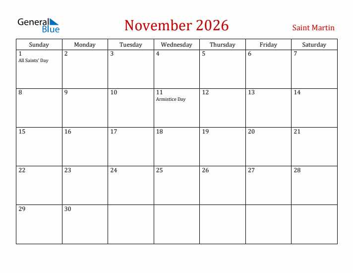 Saint Martin November 2026 Calendar - Sunday Start