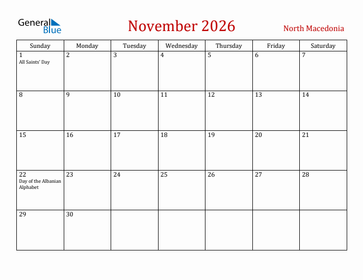 North Macedonia November 2026 Calendar - Sunday Start