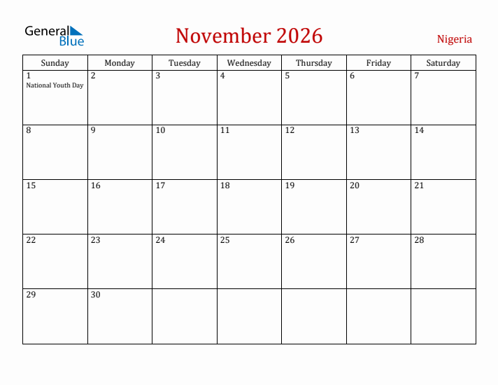 Nigeria November 2026 Calendar - Sunday Start