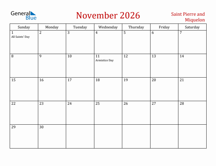 Saint Pierre and Miquelon November 2026 Calendar - Sunday Start