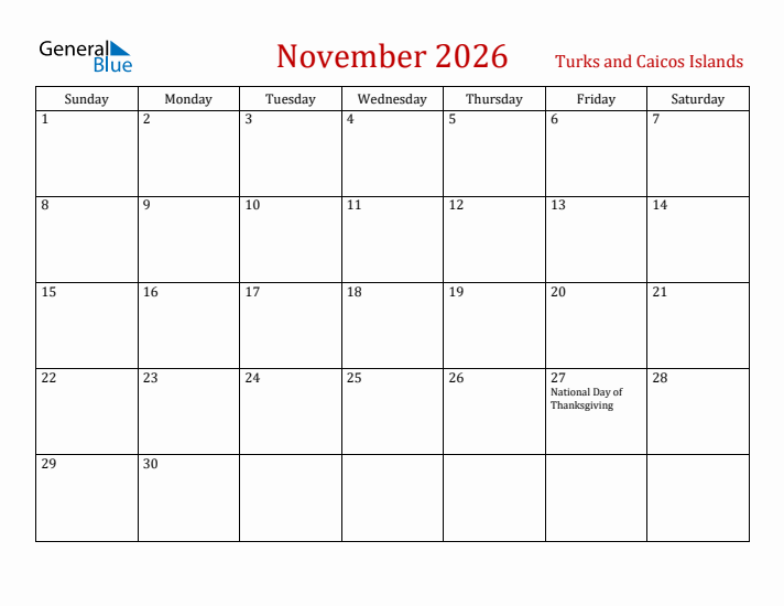 Turks and Caicos Islands November 2026 Calendar - Sunday Start