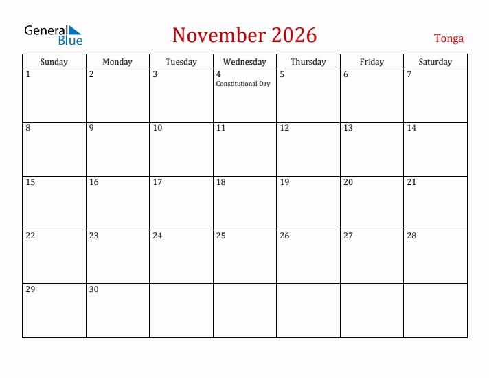Tonga November 2026 Calendar - Sunday Start