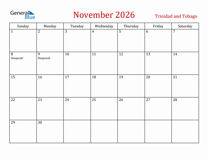 Trinidad and Tobago November 2026 Calendar - Sunday Start