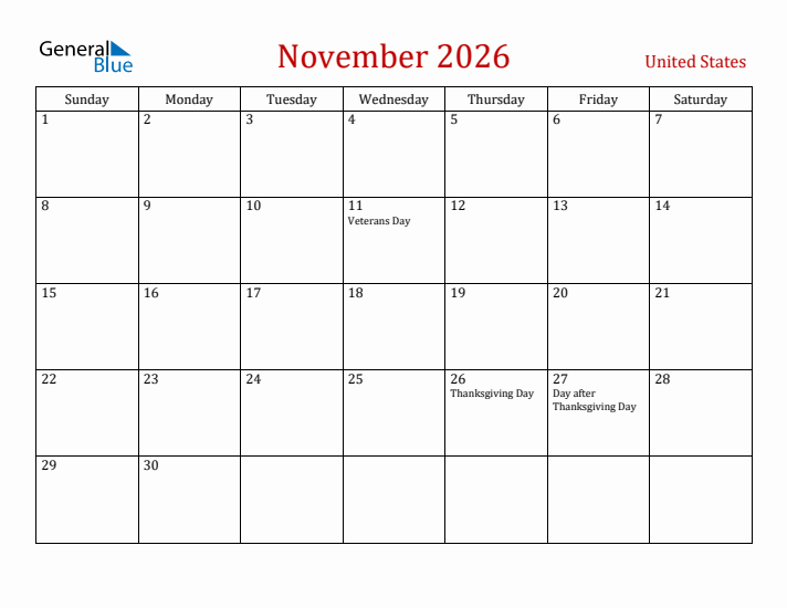 November 2026 Monthly Calendars With United States Holidays
