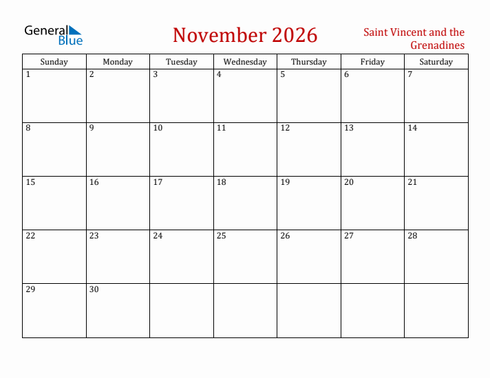 Saint Vincent and the Grenadines November 2026 Calendar - Sunday Start