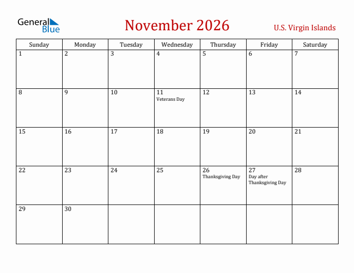 U.S. Virgin Islands November 2026 Calendar - Sunday Start