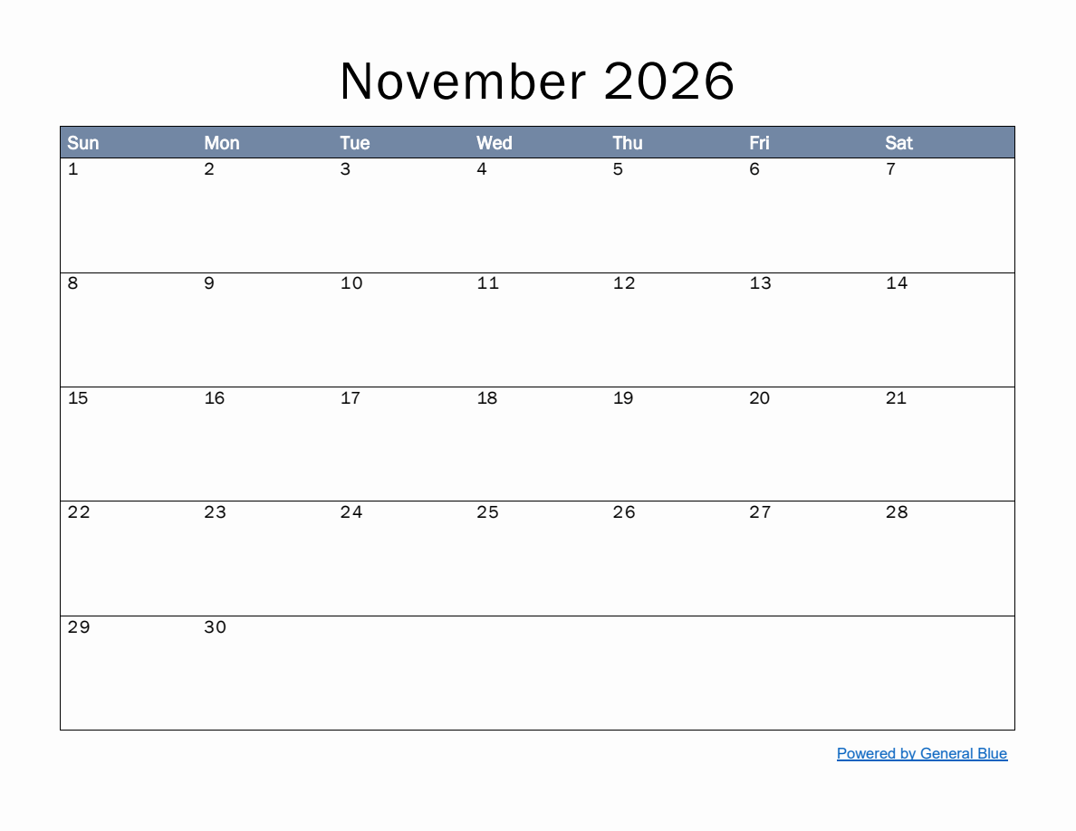 Monthly Calendar Template for November 2026