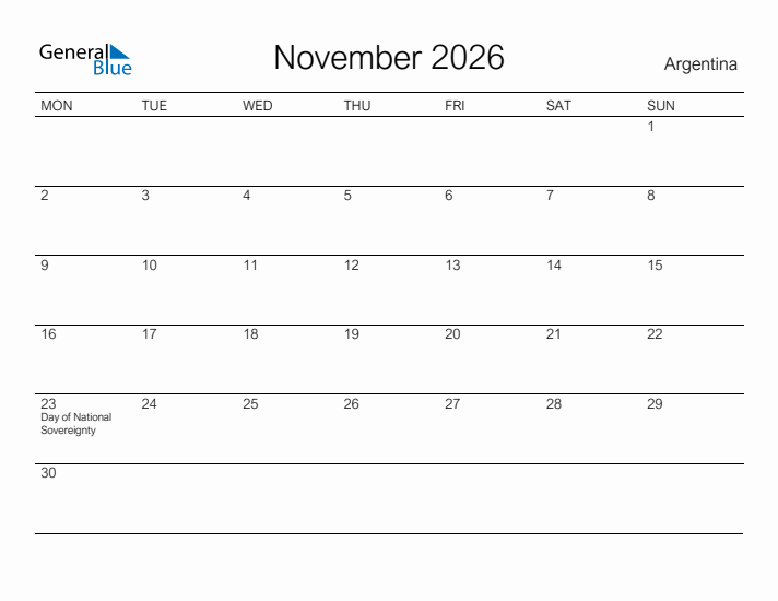 Printable November 2026 Calendar for Argentina