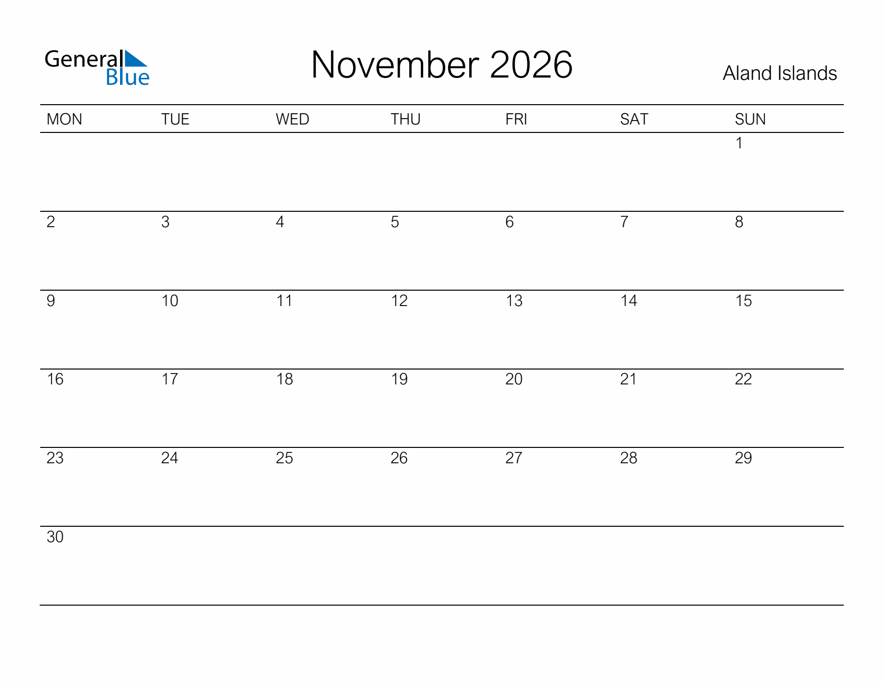 Printable November 2026 Calendar for Aland Islands