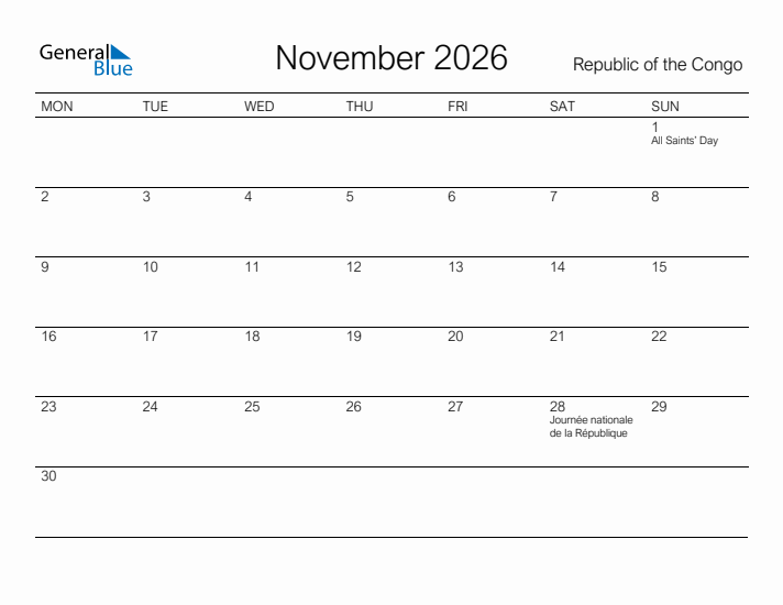 Printable November 2026 Calendar for Republic of the Congo