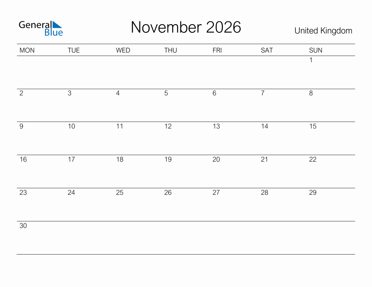 Printable November 2026 Monthly Calendar with Holidays for United