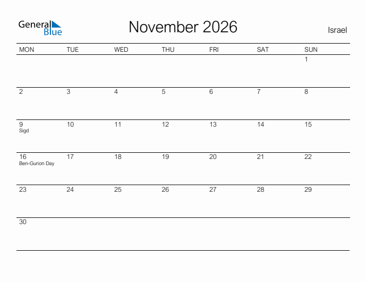 Printable November 2026 Calendar for Israel