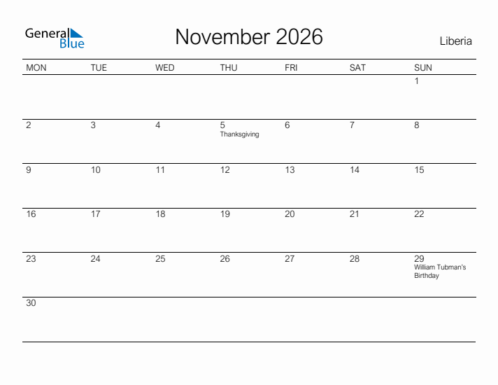 Printable November 2026 Calendar for Liberia