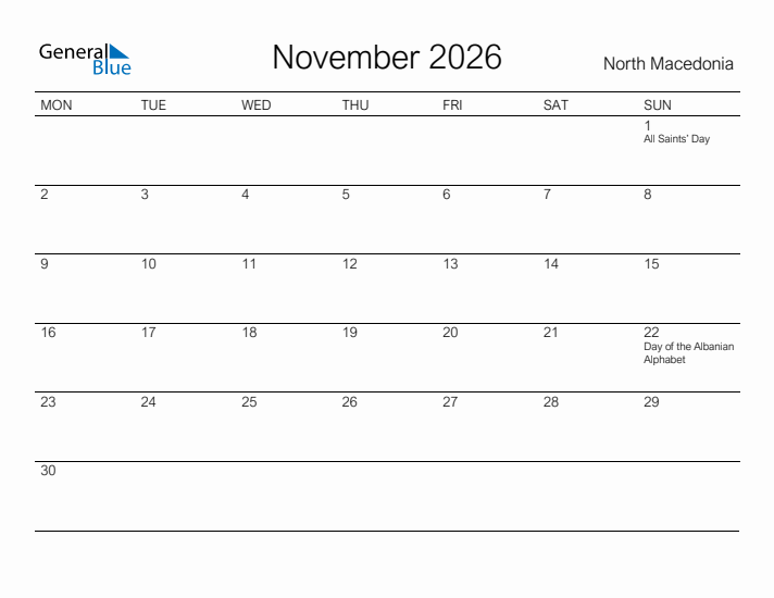 Printable November 2026 Calendar for North Macedonia