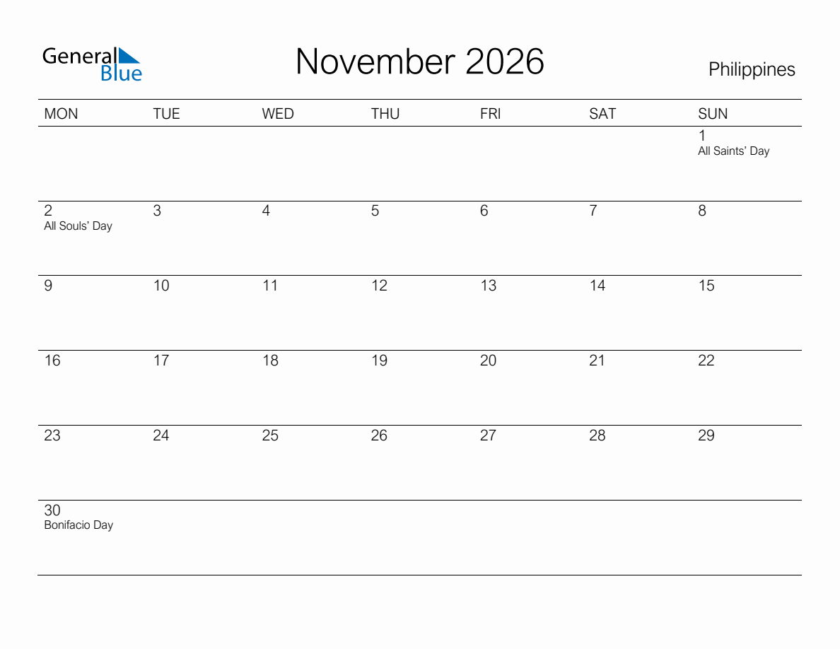 Printable November 2026 Monthly Calendar with Holidays for Philippines