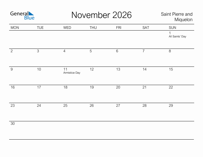 Printable November 2026 Calendar for Saint Pierre and Miquelon