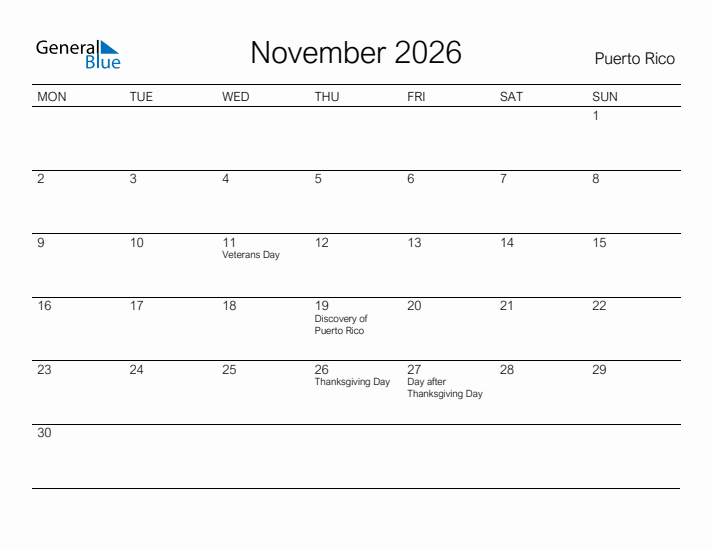Printable November 2026 Calendar for Puerto Rico