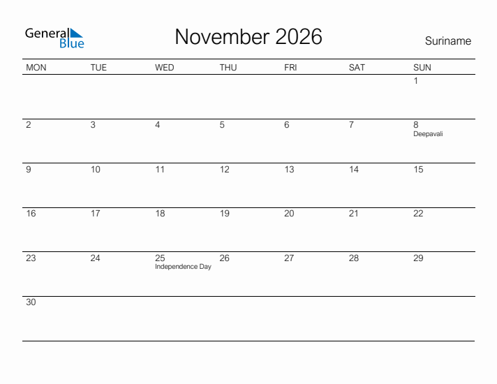 Printable November 2026 Calendar for Suriname