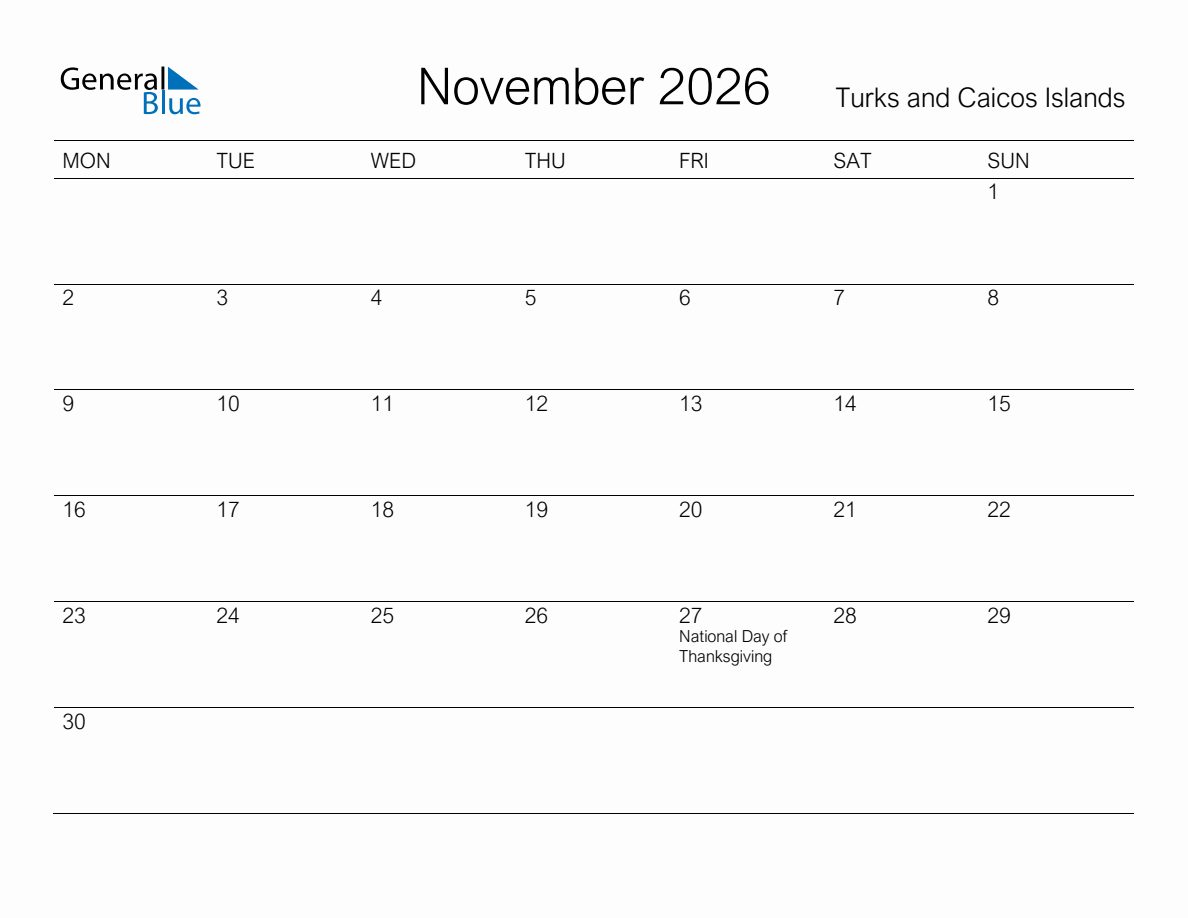 Printable November 2026 Monthly Calendar with Holidays for Turks and ...