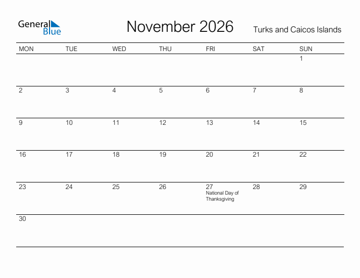 Printable November 2026 Calendar for Turks and Caicos Islands