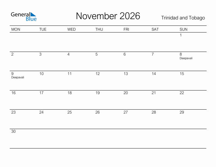 Printable November 2026 Calendar for Trinidad and Tobago