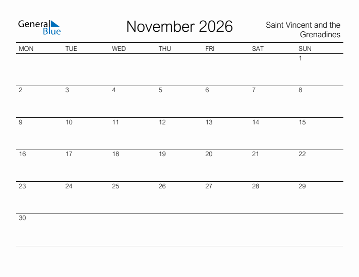 Printable November 2026 Calendar for Saint Vincent and the Grenadines