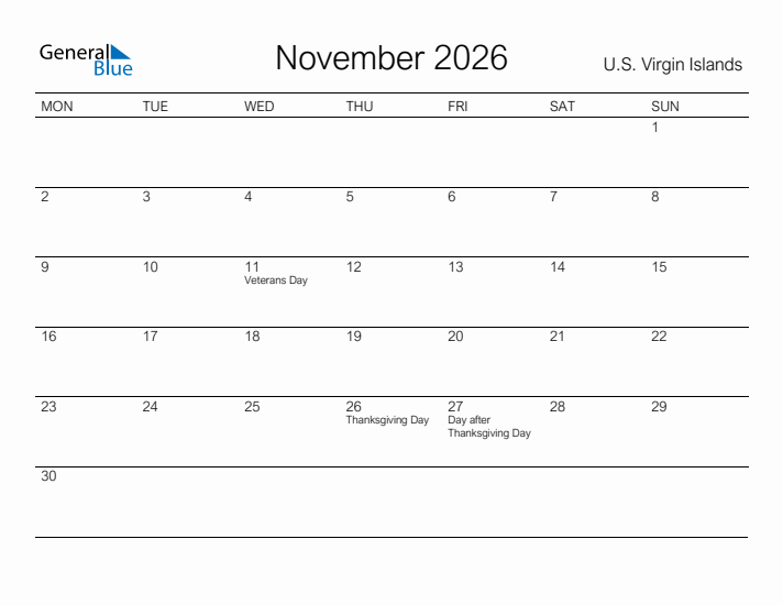 Printable November 2026 Calendar for U.S. Virgin Islands