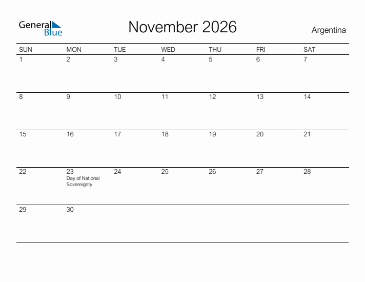 Printable November 2026 Calendar for Argentina