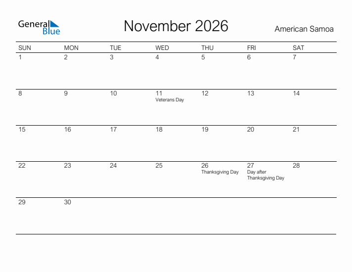 Printable November 2026 Calendar for American Samoa