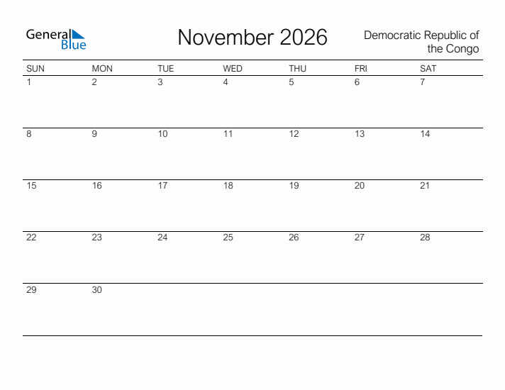 Printable November 2026 Calendar for Democratic Republic of the Congo