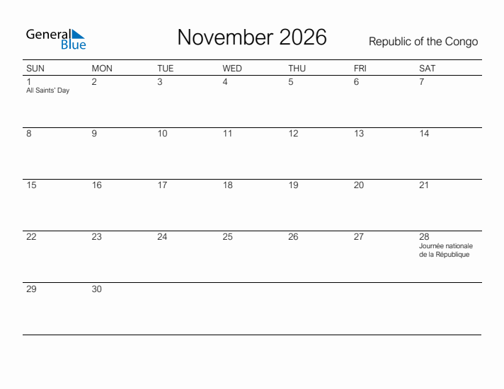 Printable November 2026 Calendar for Republic of the Congo