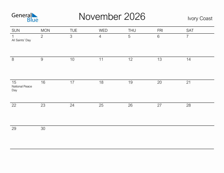 Printable November 2026 Calendar for Ivory Coast