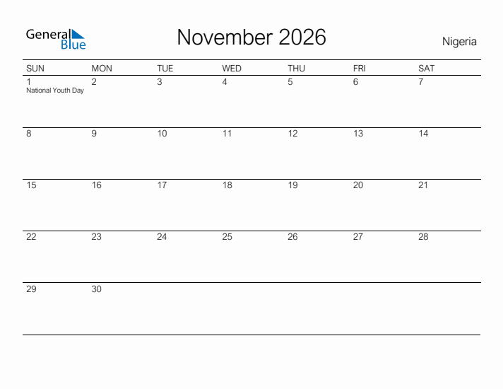 Printable November 2026 Calendar for Nigeria
