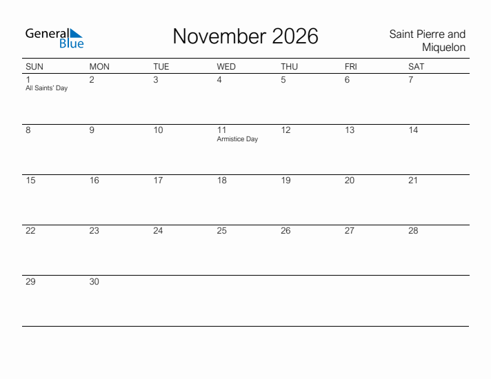 Printable November 2026 Calendar for Saint Pierre and Miquelon