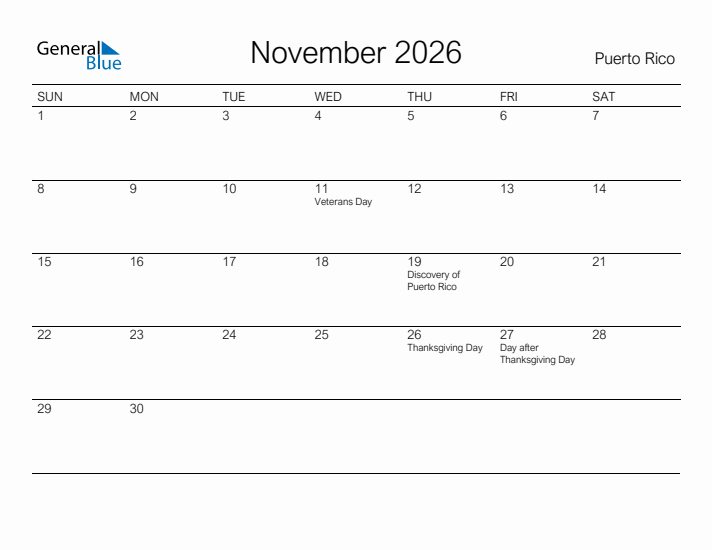 Printable November 2026 Calendar for Puerto Rico