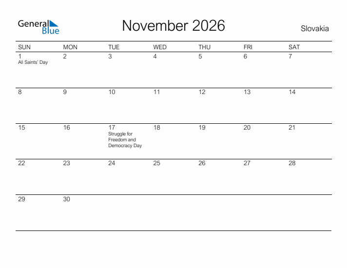 Printable November 2026 Calendar for Slovakia