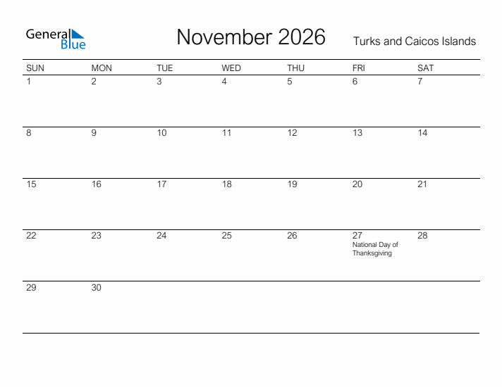 Printable November 2026 Calendar for Turks and Caicos Islands